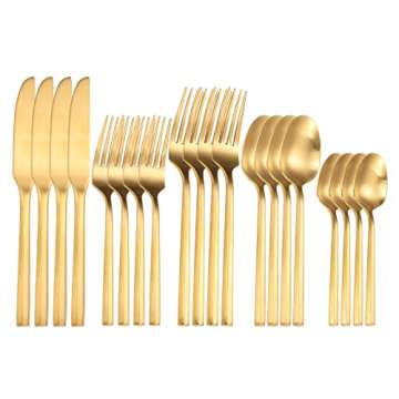 Zerophilo Gold Kitchen Utensil Cutlery Set - 20 Pieces of Luxury Flatware with Hexagon Handle