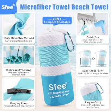 Sfee 2 in 1 Microfiber Oversized Beach Towel Set - Quick Dry, Super Absorbent, Travel-Friendly, Ligh...