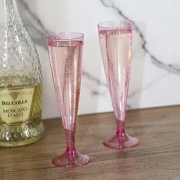 Homy Feel Pink Glitter Plastic Pink Wine Glasses 30 Pack,5 OZ Champagne Flutes Disposable for Party,...