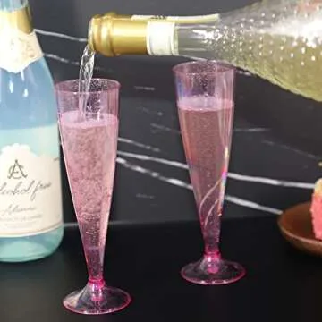Homy Feel Pink Glitter Plastic Pink Wine Glasses 30 Pack,5 OZ Champagne Flutes Disposable for Party,Plastic Champagne Flutes,Mimosa Bar Glasse Supplies