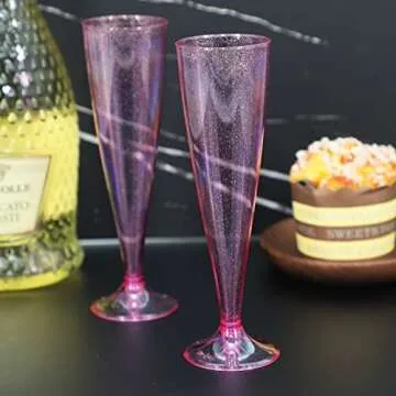 Homy Feel Pink Glitter Plastic Pink Wine Glasses 30 Pack,5 OZ Champagne Flutes Disposable for Party,Plastic Champagne Flutes,Mimosa Bar Glasse Supplies