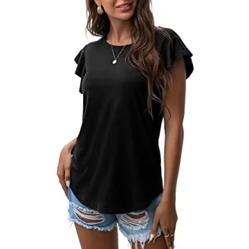 PrinStory Women's Casual Summer Ruffle Short Sleeve Top - Black Tunic for 2024 Fashion