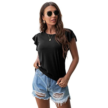 Trendy PrinStory Women's Ruffle Summer Knit Top in Black