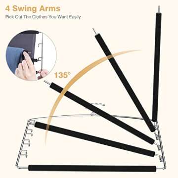 Roylvan 5 Tier Pants Hangers Space Saving, 2 Pack Non-Slip Foam Padding Closet Organzier for Trousers Slacks Jeans Scarf Hanging, Clothes Hangers with Swing Arm, 360 Swivel Hook, Black