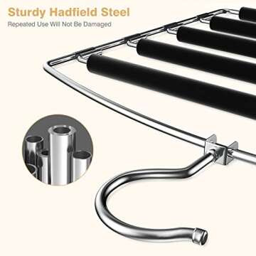 Roylvan 5 Tier Pants Hangers Space Saving, 2 Pack Non-Slip Foam Padding Closet Organzier for Trousers Slacks Jeans Scarf Hanging, Clothes Hangers with Swing Arm, 360 Swivel Hook, Black