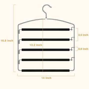 Roylvan 5 Tier Pants Hangers Space Saving, 2 Pack Non-Slip Foam Padding Closet Organzier for Trousers Slacks Jeans Scarf Hanging, Clothes Hangers with Swing Arm, 360 Swivel Hook, Black