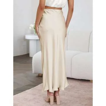 Outoshe Women's Satin High Waisted Maxi Skirts Hidden Elasticized Waistband A Line Long Skirt