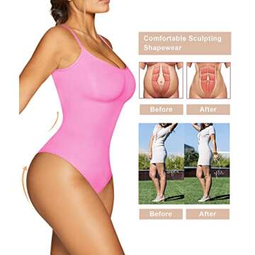 SHAPERX Women's Shapewear Bodysuit Tummy Control Body Shaper Seamless Sculpting Snatched Waist Body Suit，SZ5215-Pink-XXS/XS