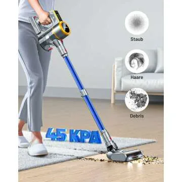 Cordless Vacuum Cleaner, 550W/45KPA 60Mins Runtime Vacuum Cleaners for Home with LED Display,Self-Standing Anti-Tangle Stick Vacuum Cleaner,1.5L Dust Cup Vacuum for Pet Hair/Carpet/Hard Floors
