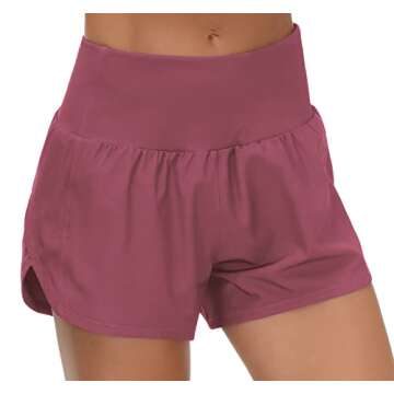 THE GYM PEOPLE Womens High Waisted Running Shorts Quick Dry Athletic Workout Shorts with Mesh Liner Zipper Pockets (Rose Red, Medium)
