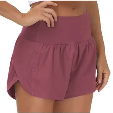 THE GYM PEOPLE Womens High Waisted Running Shorts Quick Dry Athletic Workout Shorts with Mesh Liner Zipper Pockets (Rose Red, Medium)