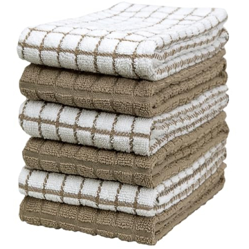 Bumble Kitchen Towels - 6 Pack of Highly Absorbent Cotton Dish Towels, 16"x28" Tan Check Design