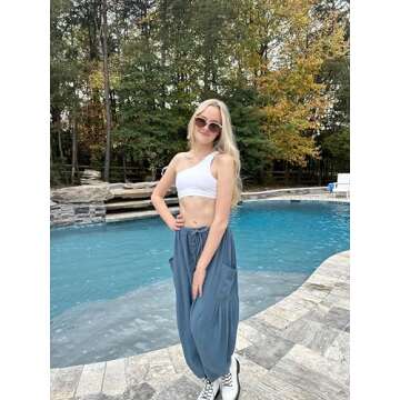 TARSE Womens Linen Wide Leg Pants Casual Loose Drawstring Low Waist Beach Palazzo Harem Pants with P...