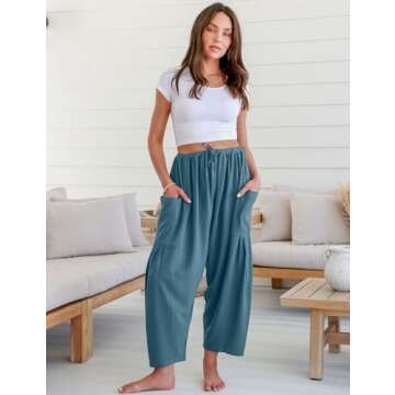 TARSE Womens Linen Wide Leg Pants Casual Loose Drawstring Low Waist Beach Palazzo Harem Pants with Pockets(Lakeblue,L)