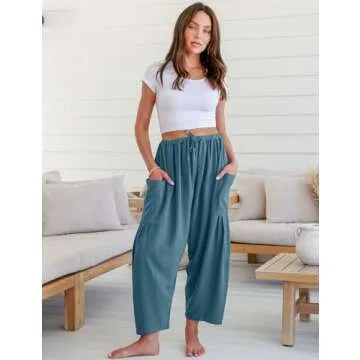 TARSE Womens Linen Wide Leg Pants Casual Loose Drawstring Low Waist Beach Palazzo Harem Pants with Pockets(Lakeblue,L)
