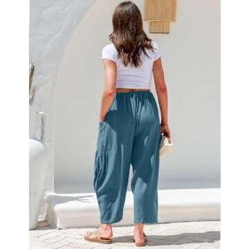 TARSE Womens Linen Wide Leg Pants Casual Loose Drawstring Low Waist Beach Palazzo Harem Pants with Pockets(Lakeblue,L)