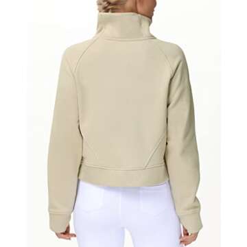 THE GYM PEOPLE Women's Half Zip Pullover Sweatshirt Fleece Stand Collar Crop Sweatshirt with Pockets Thumb Hole Khaki