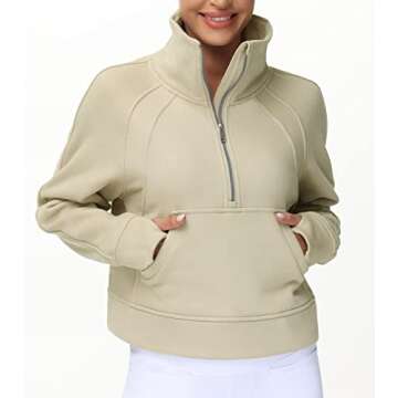 THE GYM PEOPLE Women's Half Zip Pullover Sweatshirt Fleece Stand Collar Crop Sweatshirt with Pockets Thumb Hole Khaki