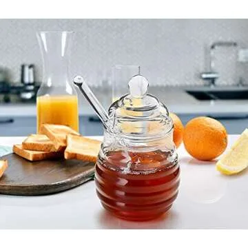 Honey dispenser, syrup dispenser, beautiful honeycomb honey jar, honey jar and dipper set(450ml) Furniture kitchen gadgets