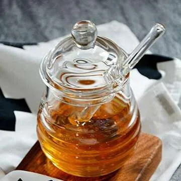 Honey dispenser, syrup dispenser, beautiful honeycomb honey jar, honey jar and dipper set(450ml) Furniture kitchen gadgets