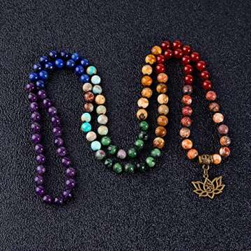 Bivei 7 Chakra 108 Mala Beads Bracelet Real Gemstone Yoga Meditation Hand Knotted Mala Prayer Bead Necklace(Lotus OM-6mm beads)