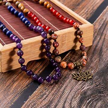 Bivei 7 Chakra 108 Mala Beads Bracelet Real Gemstone Yoga Meditation Hand Knotted Mala Prayer Bead Necklace(Lotus OM-6mm beads)
