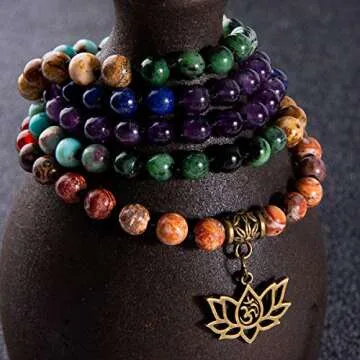 Bivei 7 Chakra 108 Mala Beads Bracelet Real Gemstone Yoga Meditation Hand Knotted Mala Prayer Bead Necklace(Lotus OM-6mm beads)