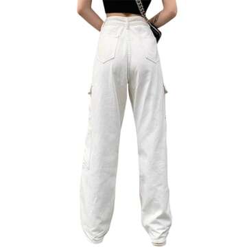 LONGYIDA Baggy Jeans for Women Y2K Stretch High Waisted Straight Wide Leg Denim Jeans Casual Cargo Pants Trousers(White,S)