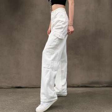 LONGYIDA Baggy Jeans for Women Y2K Stretch High Waisted Straight Wide Leg Denim Jeans Casual Cargo Pants Trousers(White,S)