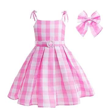 uivic Pink Costume for Girls, Doll Movie Cosplay Outfit Pink White Gingham Dress for Kids Party Birt...