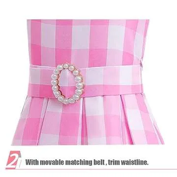 uivic Pink Costume for Girls, Doll Movie Cosplay Outfit Pink White Gingham Dress for Kids Party Birthday Dress Up (Pink1 with accessories, 5Years-6Years)