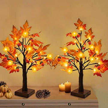 TURNMEON 2 Pack 18 Inch Prelit Fall Maple Tree Thanksgiving Decorations with 48 LEDs Timer Battery O...