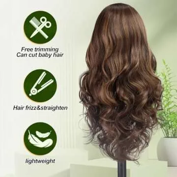 starluck Brunette Synthetic Lace Front Wig Jet Black Water Wave Wigs for Women 24 Inch