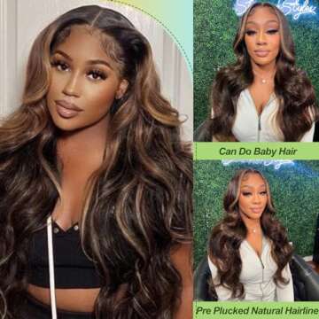 starluck Brunette Synthetic Lace Front Wig Jet Black Water Wave Wigs for Women 24 Inch