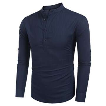 COOFANDY Men's Cotton Linen Henley T-Shirts Long Sleeve Hippie Casual Beach T-Shirts Navy Blue