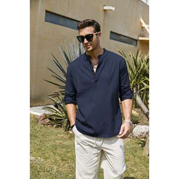 COOFANDY Men's Cotton Linen Henley T-Shirts Long Sleeve Hippie Casual Beach T-Shirts Navy Blue