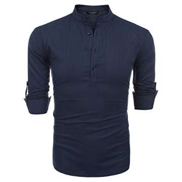 COOFANDY Men's Cotton Linen Henley T-Shirts Long Sleeve Hippie Casual Beach T-Shirts Navy Blue