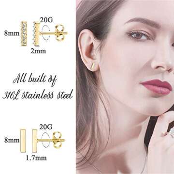 JOERICA 6 Pairs Hoop Huggie Earrings for Women Minimalist Cuff Mini Bar Stud Earrings Gold Silver Cubic Zirconia Small Ear Piercing Set (Gold)