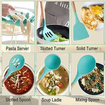 Silicone Kitchen Utensils Set - Heat Resistant Silicon Cooking Utensils, Wooden Handle Kitchen Utens...