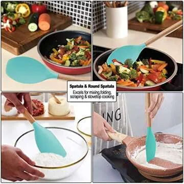 Silicone Kitchen Utensils Set - Heat Resistant Silicon Cooking Utensils, Wooden Handle Kitchen Utensil Set with Holder, Spoon Spatula Turner Tongs Whisk Kitchen Tools for Nonstick Cookware (BPA Free)