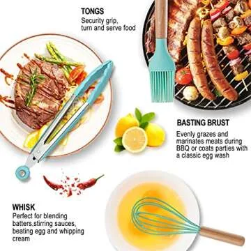 Silicone Kitchen Utensils Set - Heat Resistant Silicon Cooking Utensils, Wooden Handle Kitchen Utensil Set with Holder, Spoon Spatula Turner Tongs Whisk Kitchen Tools for Nonstick Cookware (BPA Free)