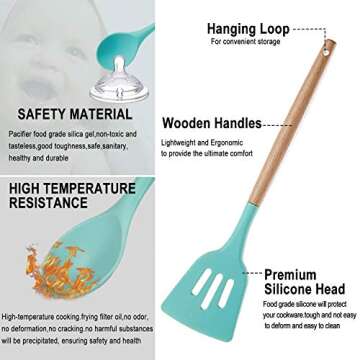 Silicone Kitchen Utensils Set - Heat Resistant Silicon Cooking Utensils, Wooden Handle Kitchen Utensil Set with Holder, Spoon Spatula Turner Tongs Whisk Kitchen Tools for Nonstick Cookware (BPA Free)