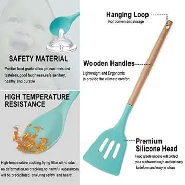 Silicone Kitchen Utensils Set - Heat Resistant Silicon Cooking Utensils, Wooden Handle Kitchen Utensil Set with Holder, Spoon Spatula Turner Tongs Whisk Kitchen Tools for Nonstick Cookware (BPA Free)