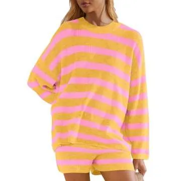 Panadila Women’s Oversized Lounge Sets Striped Sweater Shorts Set Matching Pajama Set 2 Piece Outf...