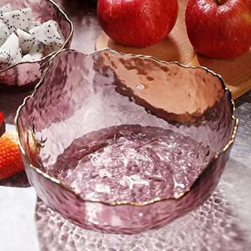 S.ROKE TTAN Glass Salad Bowls Set of 3, Space-saving Nesting Bowls, Irregular Shape Decorative Cereal Bowls, Glass Cooking Bowls, Glass Prep Bowls For Fruit, Dessert, Freezer Safe (Purple Pink)