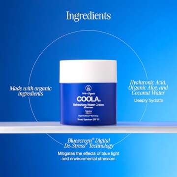 COOLA Organic Refreshing Water Cream Face Moisturizer with SPF 50, Dermatologist Tested Face Sunscreen with Plant-Derived BlueScreen Digital De-Stress Technology, 1.5 Fl Oz