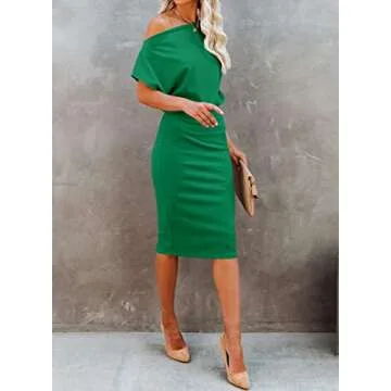 Ezbelle Womens Solid Color Off The Shoulder Short Sleeve Ribbed Work Office Business Cocktail Party Bodycon Pencil Dress Green,8-10