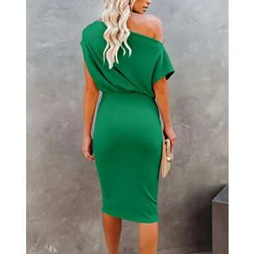 Ezbelle Womens Solid Color Off The Shoulder Short Sleeve Ribbed Work Office Business Cocktail Party Bodycon Pencil Dress Green,8-10