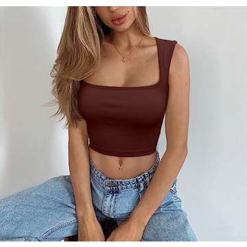 Meyeeka Women's Summer Cropped Tank Basic Sleeveless Square Neck Fitted Seamless Yoga Cute Crop Tops...