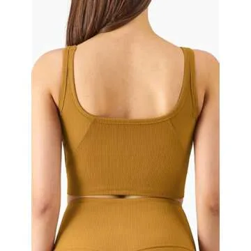 Chilylori Women's Seamless Sports Bra Workout Crop Top Ribbed Padded Longline Wirefree Medium Support Tank Tops Fitness Bras Top Workout Tops for Women Sports Bra Copper Brown M